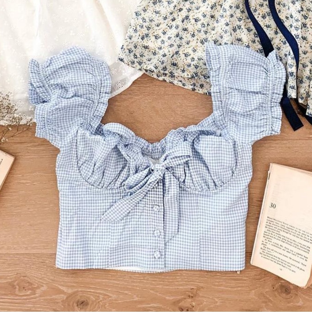 Breath of Youth - Mable - Blue Gingham Puff Sleeve Bustier Top
